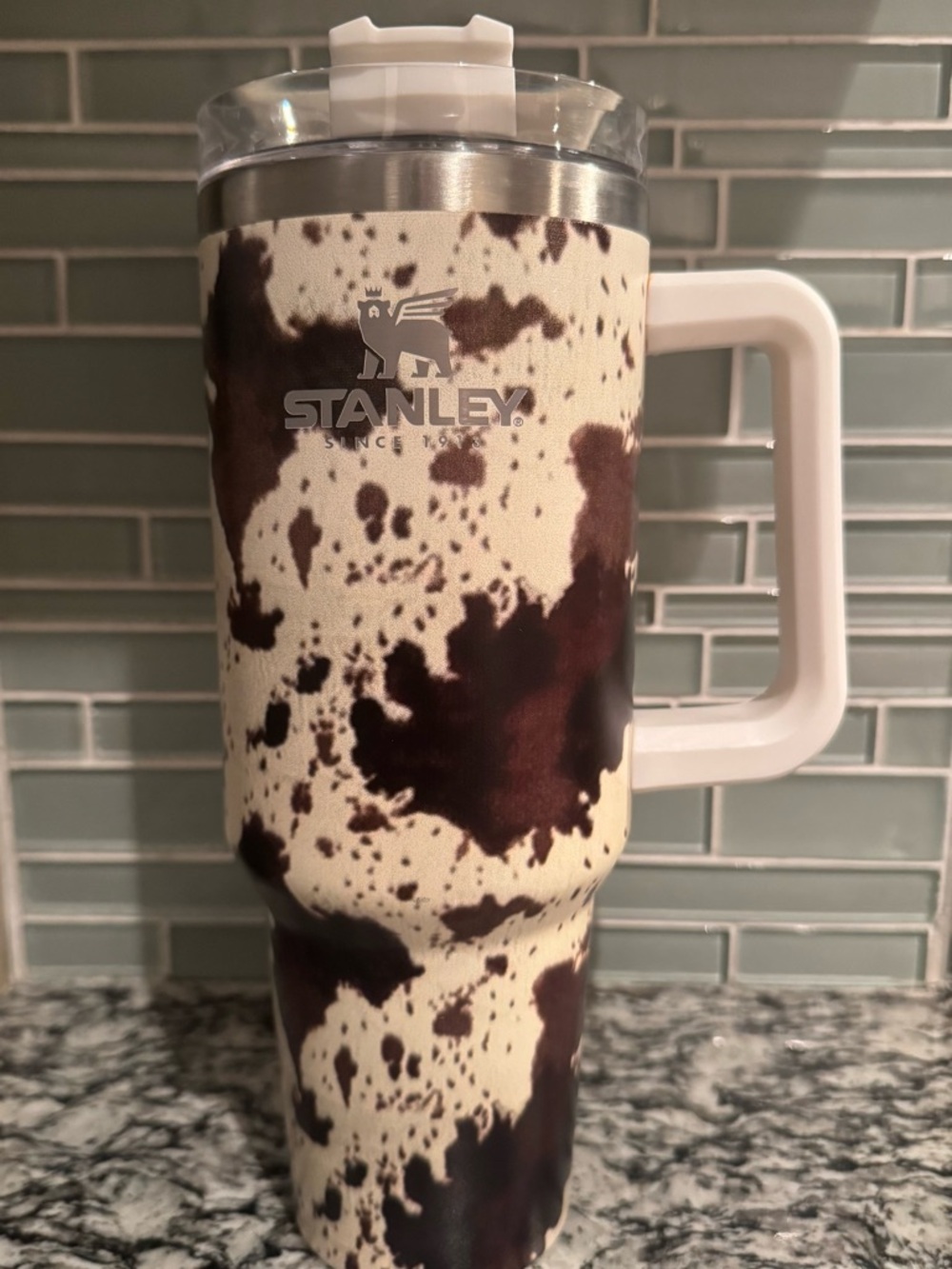 Stanley Cream and Brown Cowhide Travel Tumbler with Handle